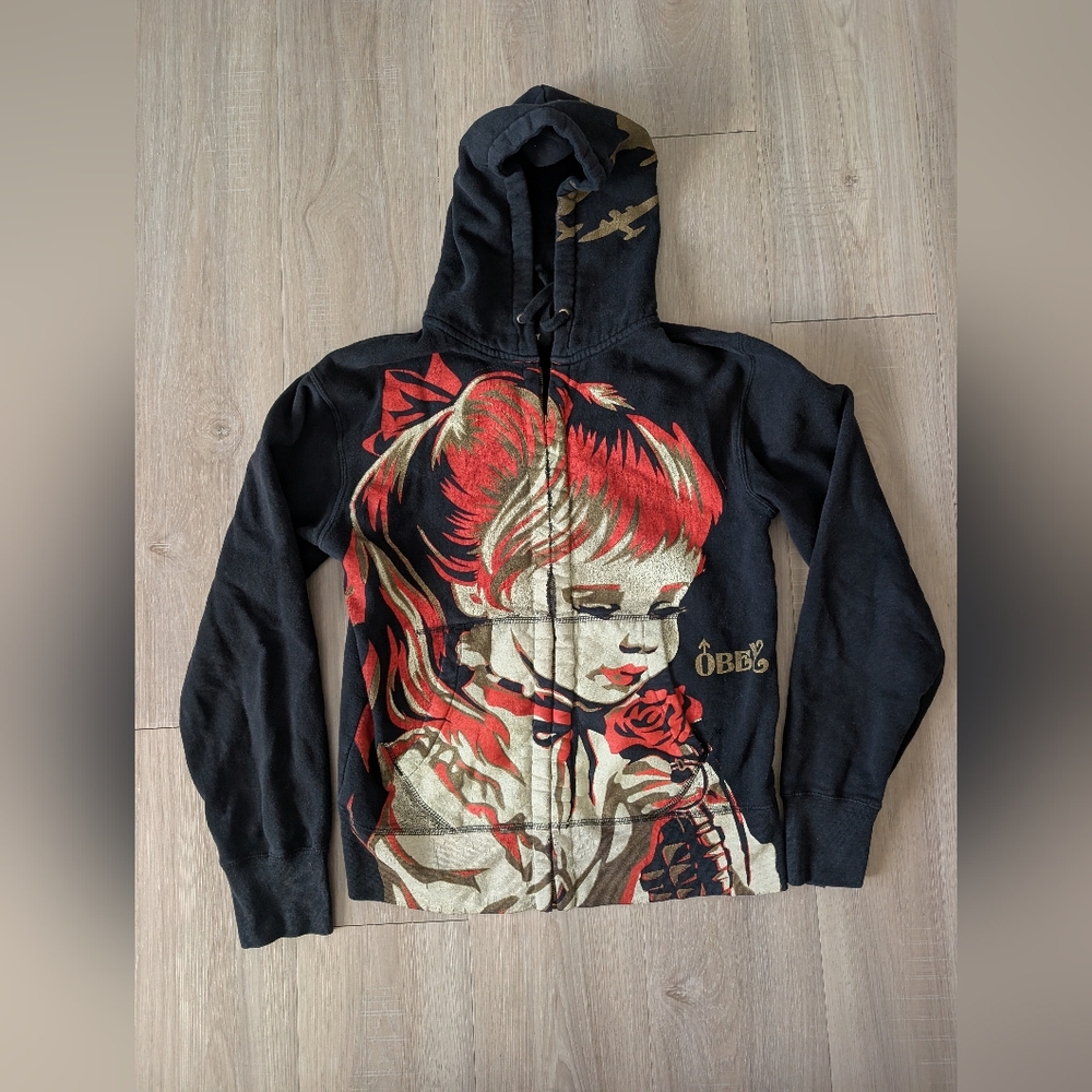 Obey Zip Up Black Hoodie Grenade Girl Mens Medium